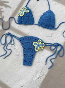 Swim Mod Floral Crochet Bikini Cover Up Set, Cute & Fun For Summer Beach Vacation