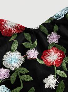SHEIN MOD Black A-Line Spaghetti Strap Mesh Floral Embroidery Midi Dress, Graduation Dress - Black - View 3