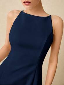 Poéselle Gaun Mini Tanpa Lengan Minimalis Elegan Warna Polos untuk Wanita, Resleting Belakang, Cocok untuk Pesta Koktail, Warna Biru Tua, Musim Panas - Navy Blue - View 3
