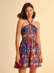 CAJUNI Vestido mini de línea A con cintura hueca, estampado floral tropical bohemio de resort para mujer, Estilo cabaña Casual de Verano