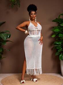 Slaydiva White Summer Boho Silky Beach Holiday Ladies Plus Size Knit 2-Piece Set,Halter Neck Backless Tie-Up Knitted Top&Long Fringe High Slit Maxi Skirt - White - View 6