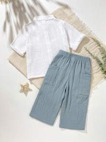 Baby Boy Newborn Toddler Blue And White Striped Summer Casual Family Matching Cotton Gauze Short Sleeve Shirt+Slate Blue Pants Set,Gentleman Outfit - Blue and White - View 2