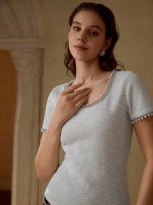 MOTF PREMIUM FAUX PEARL TRIM SHORT SLEEVE T-SHIRT