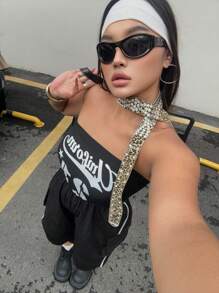 POPSWAY Plus Size Women Summer Outfit Set: Tube Top, Off-Shoulder Graphic Tee, And Lightweight Printed Jumpsuit With Loose Straight Leg, Casual Summer Slouchy Overalls - Black - View 3