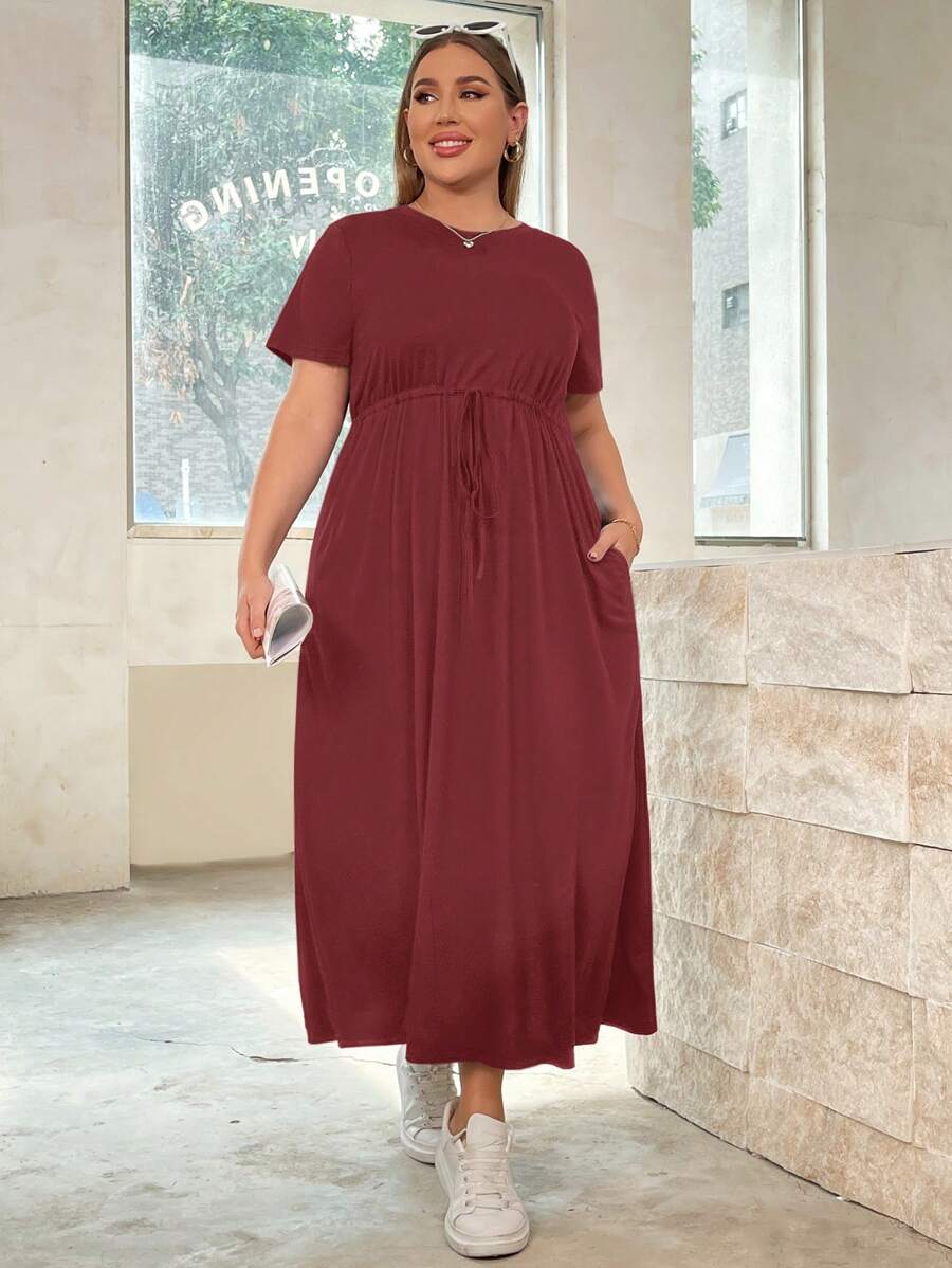 SHEIN Essnce Plus Size Women's New Summer Fashion Casual Solid Color Waist Strap A Hem (With Pockets) Long Short-Sleeved Dress - Burgundy - View 1