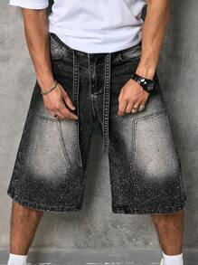 Manfinity LEGND Pantalones cortos informales y sueltos de mezclilla color negro tipo cargo para hombres en verano - Gris Oscuro - Ver 6