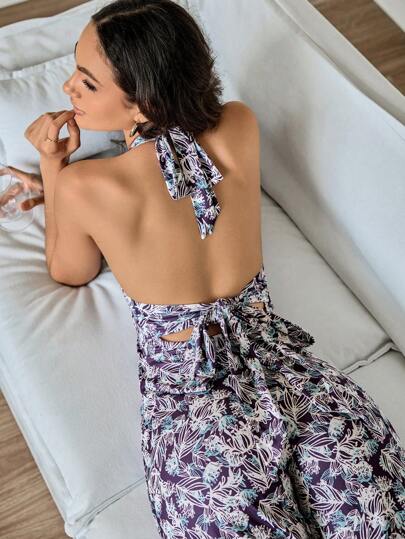 SHEIN 女式修身露背挂脖系带V领印花连体裤