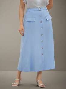 Flouryn تنورة أنيقة مزينة بأزرار على شكل خط A لحجم كبير للنساء (مع حزام الخصر) ملابس نسائية للصيف والعطلات للنساء ذوات المنحنيات، ملابس زفاف من شاين كيرف - الأزرق - مشاهدة 4