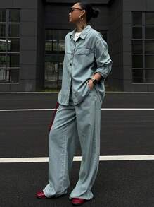Bộ áo sơ mi cạp chun rộng màu trơn và quần jeans ống rộng cho nữ, trang phục mùa thu - Rửa nhẹ - Xem 7