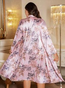 MuseNap CURVE Conjunto de vestido de tirantes y bata de seda sintética con estampado floral para tallas grandes, ropa de otoño e invierno - Rosa - Ver 2