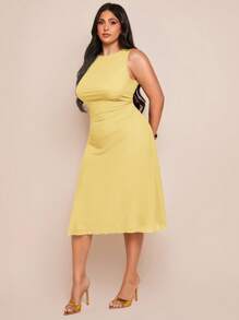 SHEIN BAE 大码女式黑色网眼优雅中长紧身 A 字针织连衣裙，适合毕业典礼、婚礼、法式风格、晚礼服、生日派对、伴娘礼服、简约优雅日常礼服、婚纱、伴娘礼服、小黑裙、派对礼服 - 黃色 - 查看 5