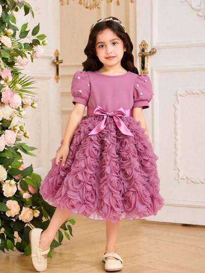 Glamorique Kids Young Girl' Solid Color Round Neck Pearl Puff Sleeve 3D Flower Elegant Dress With Belt, Summer Summer Holiday