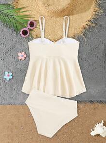 Bộ đồ lót tankini hở lưng và quần tam giác trang trí kim loại cho bé gái tuổi teen - Màu be - Xem 2