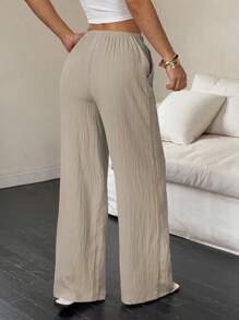 SHEIN PETITE Pantalones anchos de mujer de unicolor con bolsillos y cordón