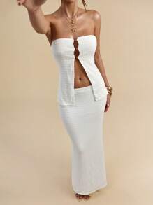 SHEIN BAE 2 件套女士夏季纯白色纹理铆钉胸罩和超长裙套装，适合度假、沙滩白裙、夏季纹理针织套装 - 白色 - 查看 6