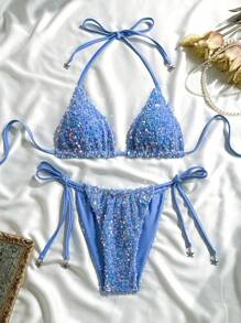 Swim Mod 2 件套女士优质亮片花卉刺绣挂脖三角比基尼套装，带系带侧边细节，夏季 - 藍色 - 查看 1