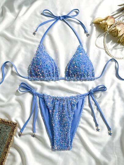 Swim Mod 2pcs Women's Premium Sequined Floral Embroidered Halter Neck Triangle Bikini Set With Tie Side Detail, Summer