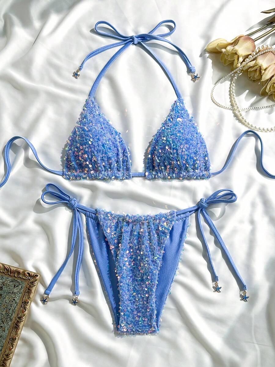 Swim Mod 2 件套女士优质亮片花卉刺绣挂脖三角比基尼套装，带系带侧边细节，夏季 - 藍色 - 查看 1