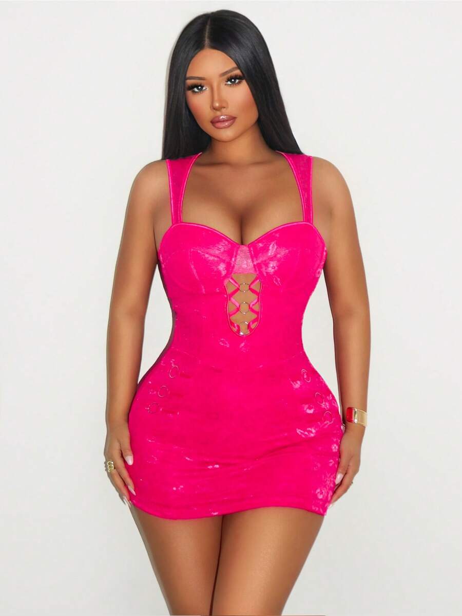 VaVaBold Vestido mini con escote corazón, abertura delantera con anilla y espalda descubierta para mujer - Rosa - Ver 1