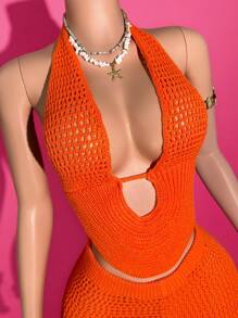 Slaydiva 2pcs/Set 2025 Spring/Summer New Halter Tied Backless Knit Top And Ruffled Hem Knit Mini Shorts Set, Women Casual Vacation Matching Outfit - Orange - View 5
