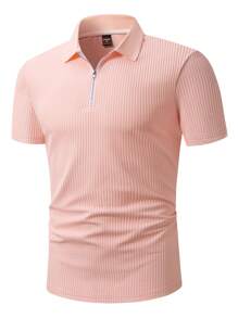 Manfinity Homme Camisa polo casual de manga corta con media cremallera, corte regular y rayas acanaladas para hombre