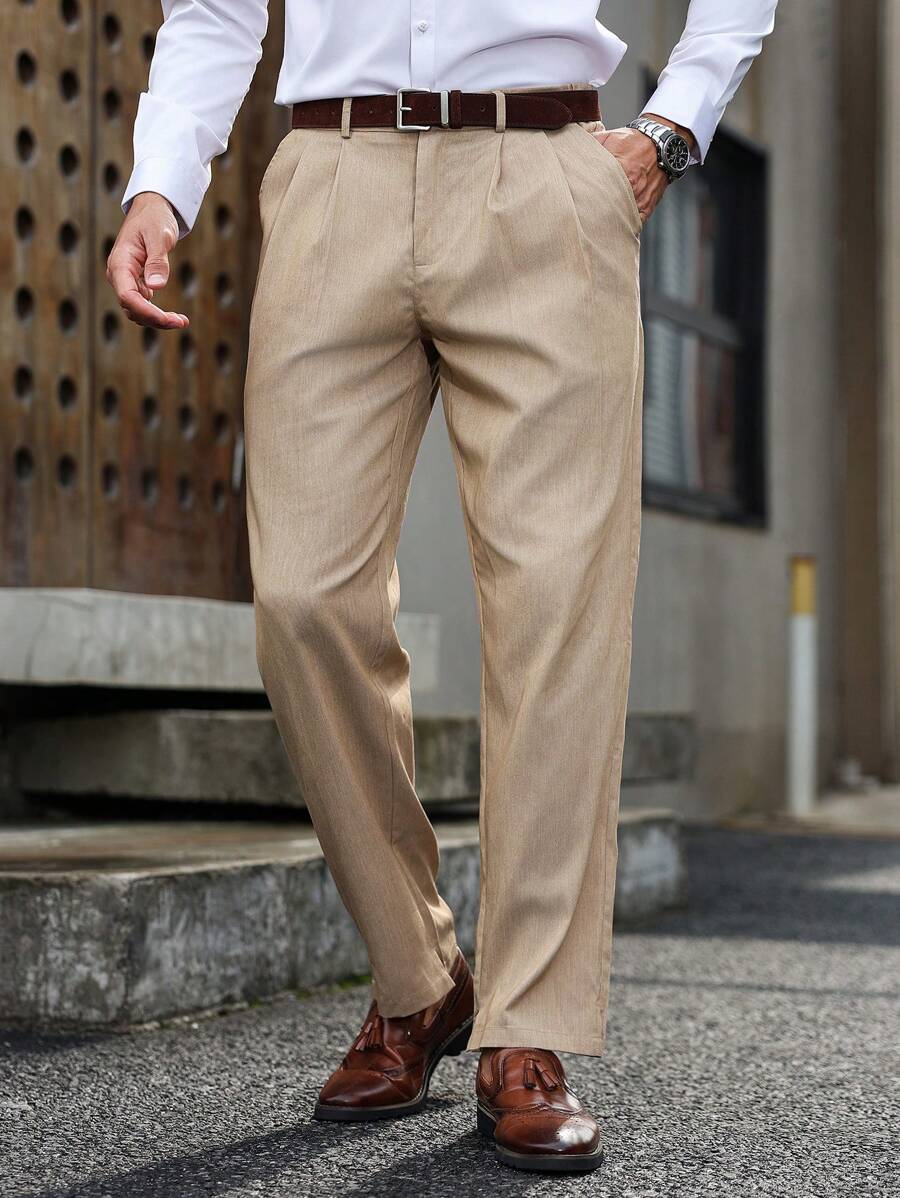 Manfinity Bizformal Casual Men's Suit Pants With Side Slit Hem, Fashion For Summer - Khaki - View 1