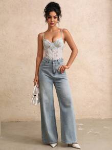 Glamine 女士花卉刺绣装饰无袖紧身衣 - 薄荷綠 - 查看 5