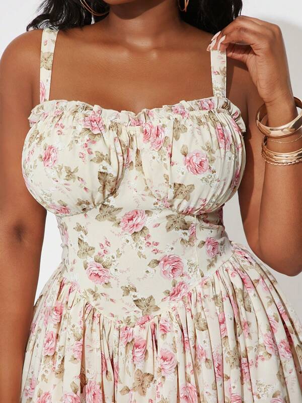 SHEIN SXY Große Größen Damen Frühlings- & Sommerkleider elegant sexy mit Blumenprint Swing-Form Neckholder, geeignet für den täglichen Gebrauch, Western-Outfits, Kreuzfahrtkleidung