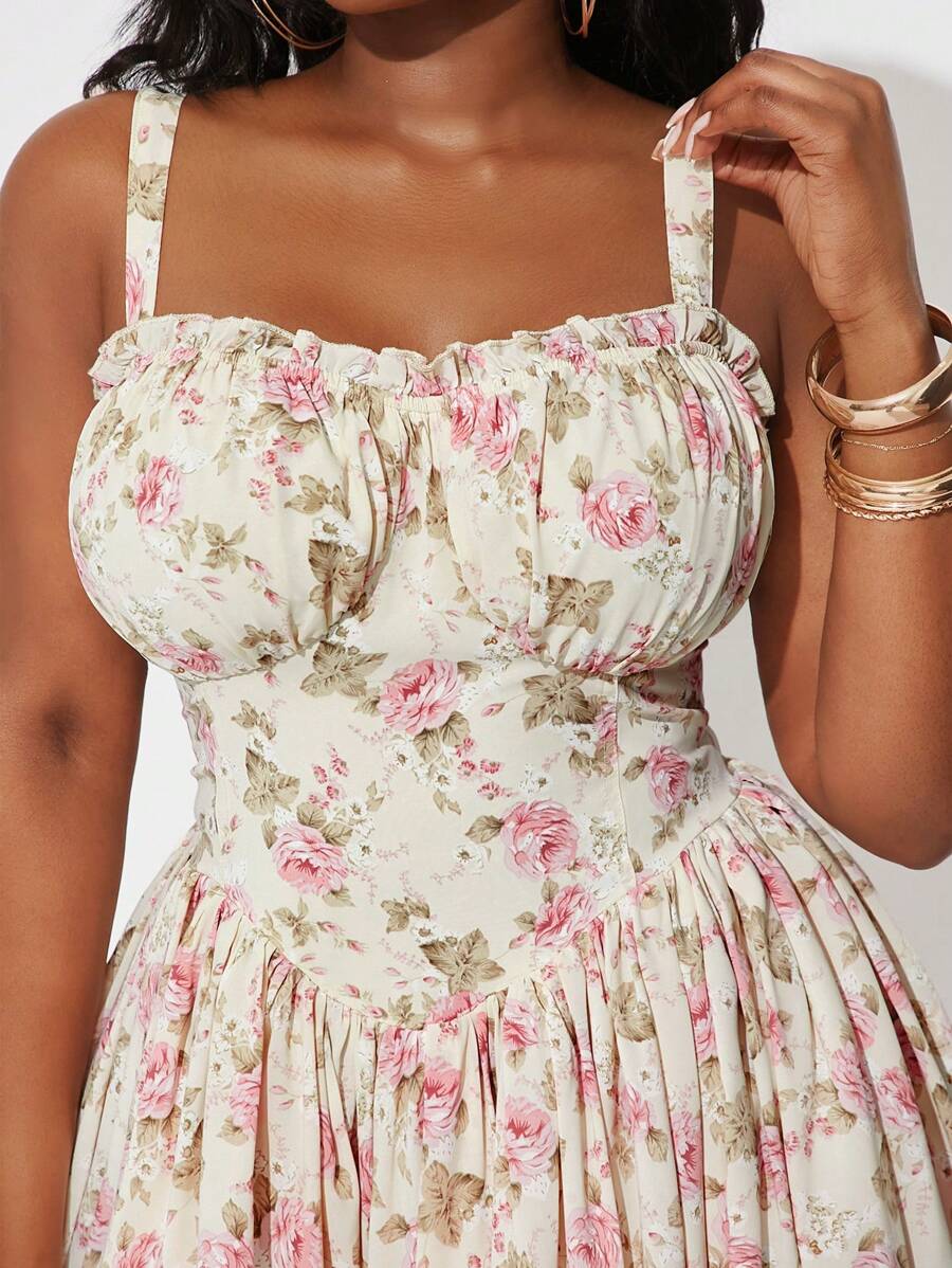 SHEIN SXY Plus Size Women's Spring&Summer Elegant Sexy Floral Print Umbrella Swing Halter Resort Dresses,Suitable For Everyday Wear, Sweet,Romantic,Western Wear,Cruise Attire,Music Festival,Concert,Carnival Party,Beach Vacation,Holiday,Date Night,Birthday,Bachelorette Party Outfit ,Gyaru,Ibiza,Nashville,Break,Rave,Modest,Chic,Club,Cute,Casul,Shopping, Streetwear,Going Out,Coquette,Easy To Match&Looks Slim,Accent Your Body,Flatter The Figure,Flattering Silhouette,Curve - Multicolor - View 1