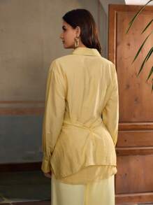 ZEYLAH 亚麻衬衫领长袖两用重叠衬衫 - 黃色 - 查看 3