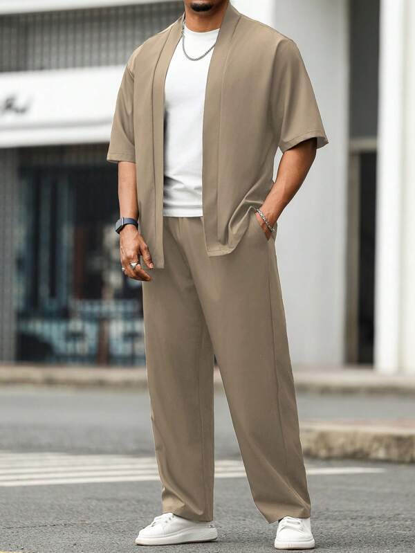 Manfinity CasualCool Plus Size Men's Casual Shirt Set, Easy To Carry! This Brown Short-Sleeve Suit Set, Paired With A Simple White T-Shirt, Showcases The Urban Gentleman Style. The Loose Design Is Comfortable And Suitable For Various Casual Occasions. Pair It With A Pair Of White Sneakers For An Energetic And Dynamic Look.