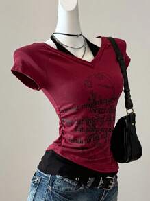 SHEIN EZwear Áo thun dệt kim họa tiết tương phản đỏ đen Encore dành cho nữ - Màu Đỏ Sâu - Xem 6