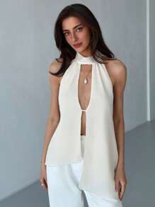 Aloruh Women's Summer Solid Color Backless Halter Neck Tank Top With Split Hem, Going Out White - Apricot - View 7