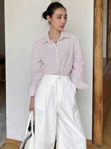 DAZY Women Vertical Striped Loose Fit Casual Long Sleeve Shirt, Summer