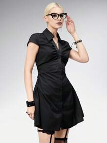 ROMWE Vintage Dark Gothic Sexy V-Neck Drawstring Waist Shirt Dress - Black - View 8