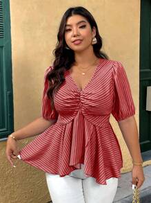 Breezaya Plus Size Women's Casual Ruffle Hem Loose Crinkle Texture Blouse - Multicolor - View 1