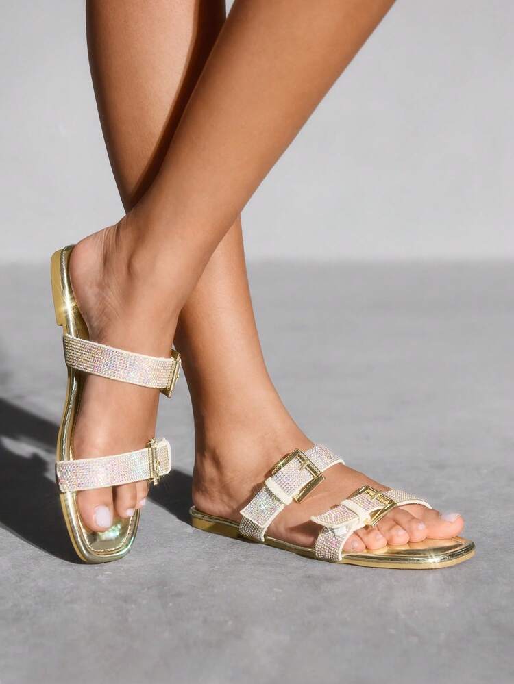 CUCCOO SZL Women's Striped Rhinestone Decor Casual Flat Sandals