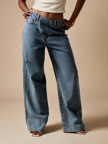 MISSGUIDED 高腰阔腿牛仔裤复古 Y2K 风格牛仔裤休闲宽松个性下装现代时尚秋冬 - 淺色水洗藍 - 查看 6