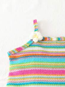 Playful Pals 2pcs/Set Young Girl Casual Colorful Stripe Tassel 3D Floral Decor Camisole & Flare Pants Set, Suitable For Spring/Summer, Outings, Travel, Photography, Parties, And Daily Wear