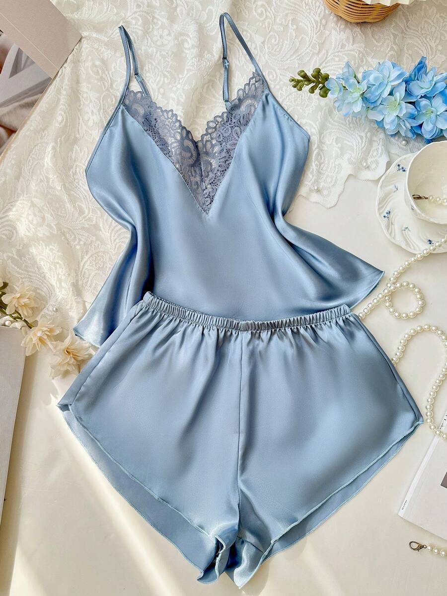 SilkySpell Bộ 2 áo yếm chữ V sâu gợi cảm cho nữ và quần short, Bộ đồ ngủ bằng vải satin thanh lịch, Phù hợp cho mọi mùa - Xám - Xem 1