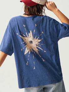 Bohemela 纯色针织连帽短袖宽松水洗女式T恤 - 藍色 - 查看 2