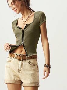 Bohemela Women Casual Plain Square Neck Short Sleeve Fitted Wash Knitted T-Shirt Women Knit Tops Fitted Tops Zip Up Tops Ribbed Tops Summer Tops - Army Green - View 2