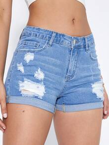 SHEIN EZwear 女士牛仔短裤 - 淺色水洗藍 - 查看 4