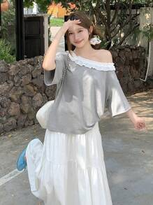 DAZY Maglietta a maniche corte stile coreano, con spalline asimmetriche arricciate, taglio largo, estiva, da donna