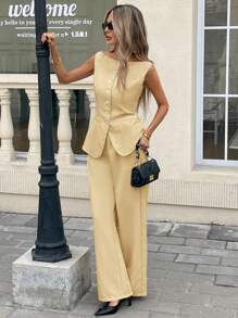 Serisse Women's Solid Color Button Decor Sleeveless Top And Long Pants Two Pieces Outfit, Simple Office Commute Summer Casual - Yellow - View 3