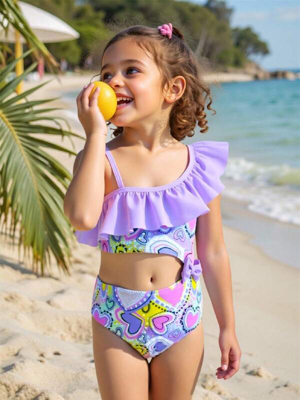 SHEIN Young Girl Heart Print Ruffle Asymmetric One-Piece Swimsuit, Resort