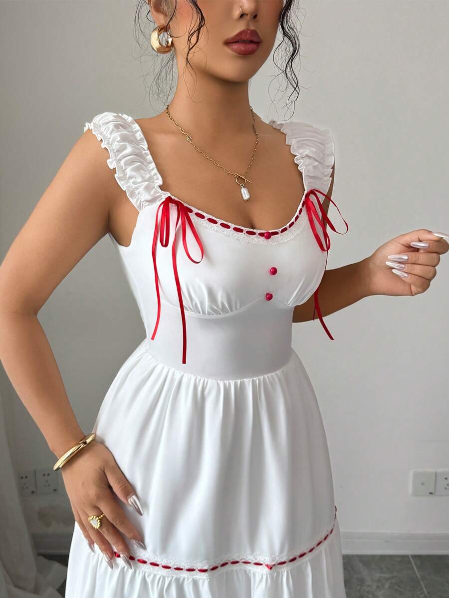 Elenzga 万圣节假期返校返校节全套服装中长款露肩连衣裙，适合女士白色乡村休闲毕业假期节日外出镂空方领蝴蝶结。 - 白色 - 查看 1