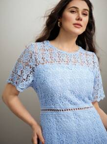 SHEIN Clasi Plus Size Women Elegant Embroidered Solid Color Round Neck Short Sleeve Dress With Hollow Lace Waist Patchwork A-Line Maxi Dress - Blue - View 1