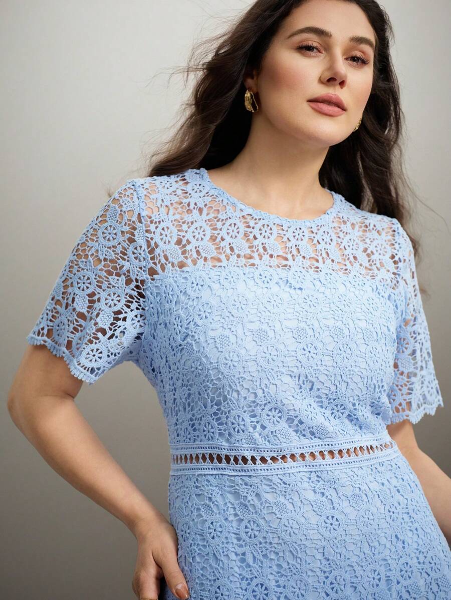 SHEIN Clasi Plus Size Women Elegant Embroidered Solid Color Round Neck Short Sleeve Dress With Hollow Lace Waist Patchwork A-Line Maxi Dress - Blue - View 1