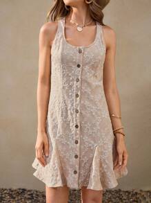 Wildy Summer American Romantic Floral Vacation Open Front Button-Down Graduation Dress - Apricot - View 2